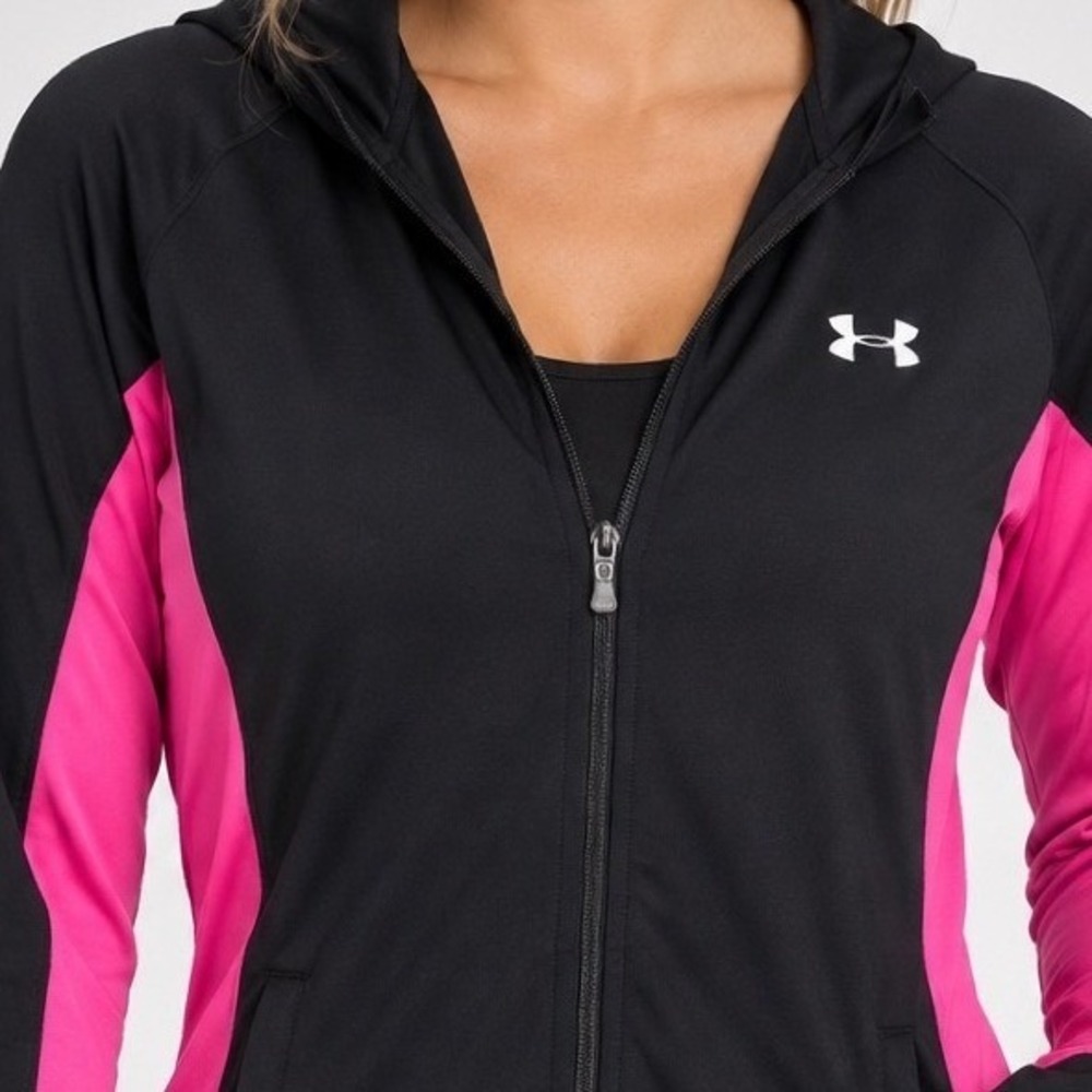 Under Armour Women Small ColdGear Full Zip Hooded Jacket Black Pink Thumbholes